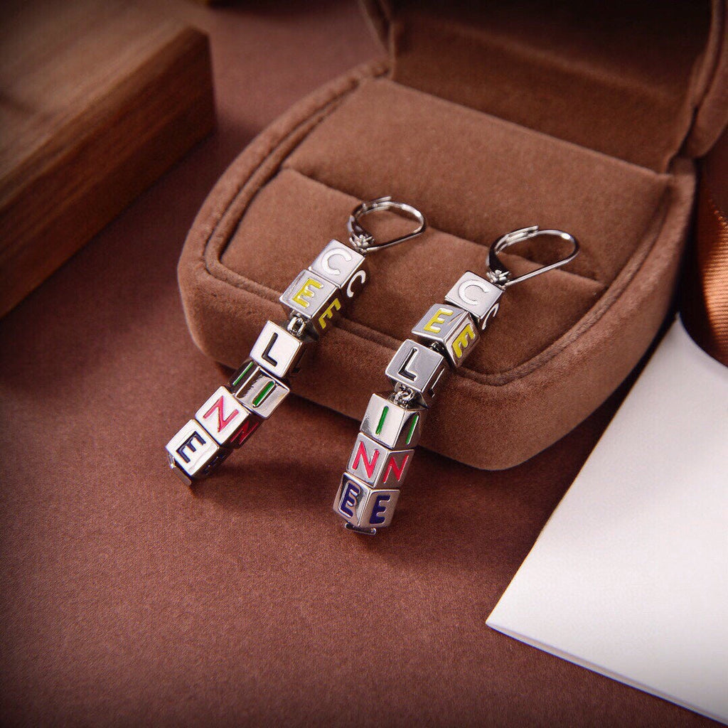 18K Celine Script Cube Earrings